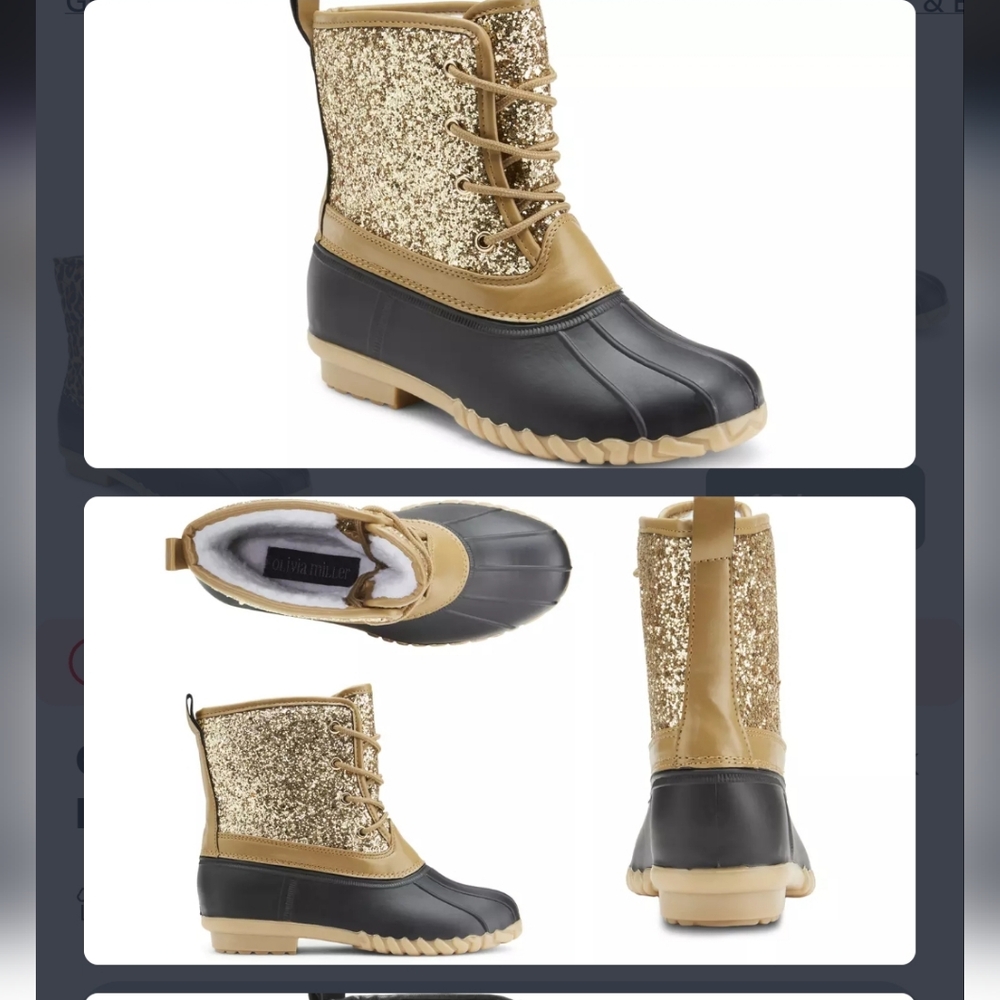 Olivia Miller Gold Sequin Black Base Rubber Duck Winter Boots Size 6.5 Lace Up
